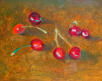 Cherry Painting Fruit Art Small Decor Original Oil Painting 5 by 7 by MAVKOART