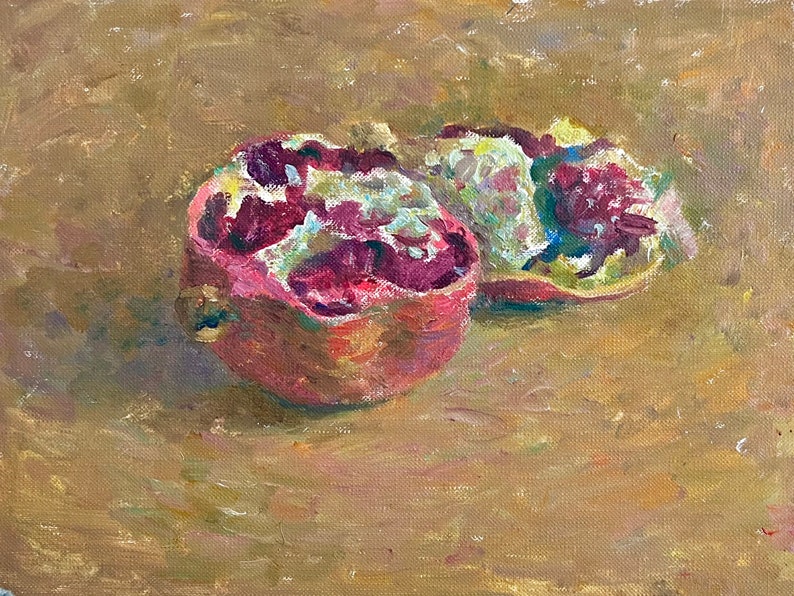 May include: A painting of a halved pomegranate on a brown background. The pomegranate is a deep red color with white seeds visible inside. The painting is done in a loose, impressionistic style.