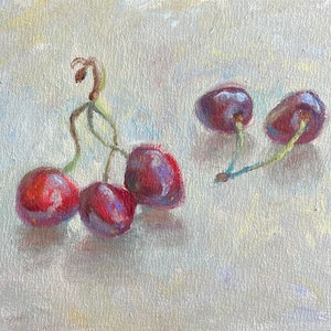 Cherry Oil Painting: Miniature Berries Art, Food Still Life (5x7)