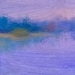 May include: Abstract painting with a purple background and blue, green, and gold brushstrokes. The painting has a soft, dreamy feel.