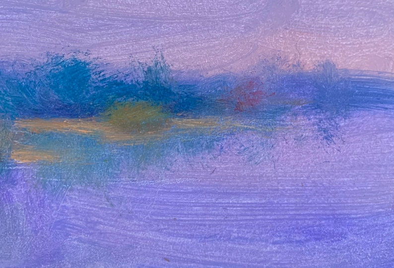 May include: Abstract painting with a purple background and blue, green, and gold brushstrokes. The painting has a soft, dreamy feel.