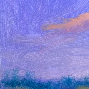 May include: A painting depicting a purple sky with a light pink cloud. The bottom of the painting shows a dark blue brushstroke landscape.