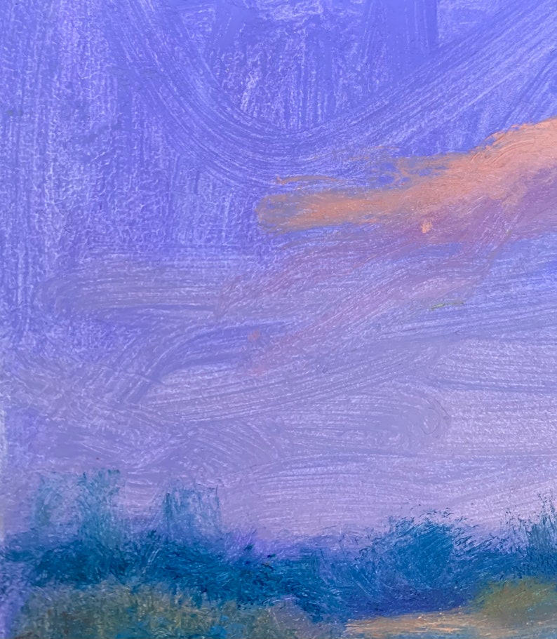 May include: A painting depicting a purple sky with a light pink cloud. The bottom of the painting shows a dark blue brushstroke landscape.
