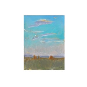 May include: A painting of a landscape with a blue sky and white clouds. The foreground is a field of green grass with a few brown bushes.