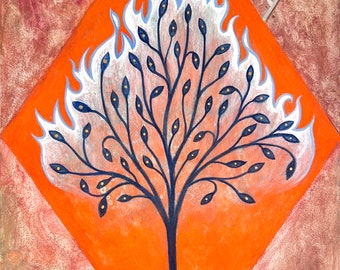 Fire Tempera Tree Painting on Wood: Mystical Spiritual Wall Art