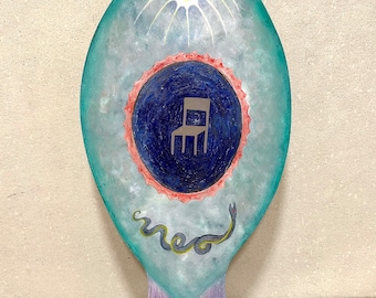Surreal Fish Painting: Tempera on Shaped Wood, Symbolic Wall Art