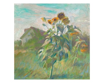 Pintura al óleo original de girasol: Arte campestre (16x16)