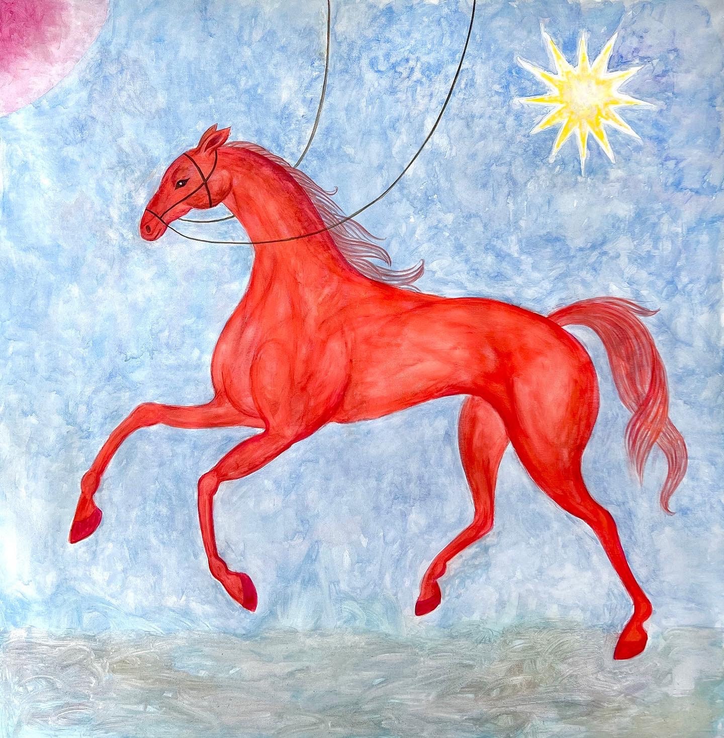 馬の油彩画 赤い窓　金縁付き　新品未使用 赤い馬の絵画：キャンバスに描かれたファンタジー動物アート - 55 x 55