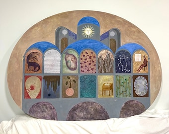 Fourteen Portals Painting: Surrealist Sacred Geometry Tempera Art on Wood