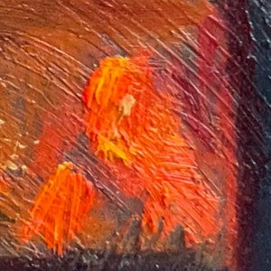 May include: Close-up of an abstract painting with orange, yellow, and red brushstrokes. The paint is thick and textured, creating a dynamic and energetic composition.