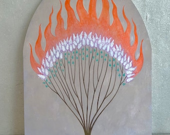 Surreal Fire and Lilac Tree Painting: Tempera Art on Wood Panel