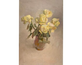 Yellow Rose still life Painting White Roses Artwork Original Oil Painting 8 x 12 by MAVKOART