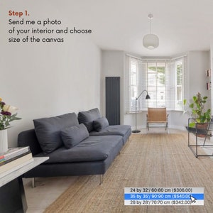 May include: A living room interior with a gray sectional sofa, a wicker chair, and a large window with white blinds. The text on the image reads: "24 by 32'/60:80 cm ($306.00) 35 by 35'/90:90 cm ($540.00 28 by 28'/70:70 cm ($342.00)"