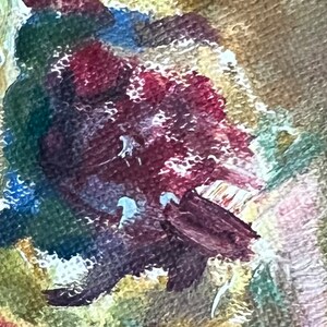 May include: Abstract painting with a mix of red, green, blue, and white paint. The paint is applied in a thick, textured style, creating a sense of depth and movement.