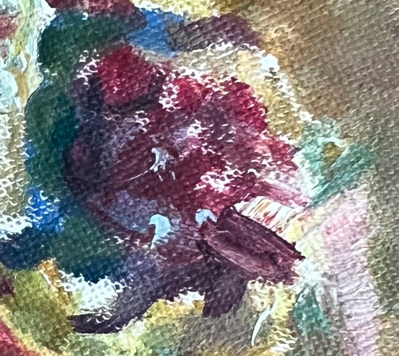 May include: Abstract painting with a mix of red, green, blue, and white paint. The paint is applied in a thick, textured style, creating a sense of depth and movement.