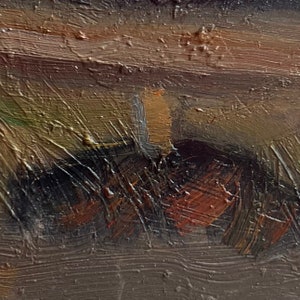 May include: Close-up of a textured, abstract painting with brown, black, and beige brushstrokes. The paint is thick and layered, creating a sense of depth and movement.