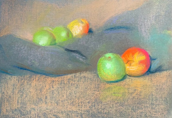 オリジナルアップルパステル画：静物フルーツウォールアート（12x8