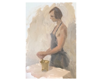 Man Painting: Vintage Genre Art, Male Figure, 12x8 Original Artwork