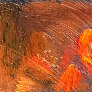 May include: Abstract painting with thick brushstrokes in shades of brown, orange, and red. The colors blend together to create a warm and inviting atmosphere.