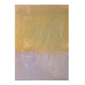 May include: Abstract painting with a textured surface. The top half of the painting is a light yellow color, while the bottom half is a light purple color.
