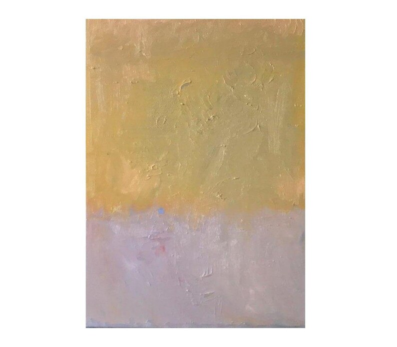 May include: Abstract painting with a textured surface. The top half of the painting is a light yellow color, while the bottom half is a light purple color.
