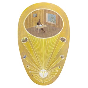May include: An abstract painting featuring a yellow oval shape with a sun face at the bottom. Inside the oval is a room with a person sitting at a table. The painting has a surreal, dreamlike quality.