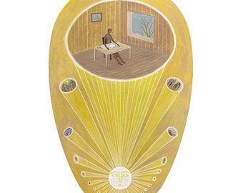 Surreal Sun Painting on Wood: Metaphysical Tempera Art, 40x32