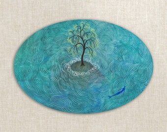 Sensual Water Tree Painting | Oval Tempera on Wood | Meditation Island Art | Original MAVARTO