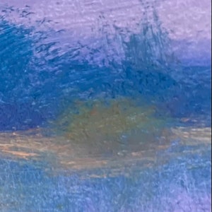 May include: A painting depicting a landscape with a blue sky and green grass. The sky is painted in a light blue hue and the grass is painted in a dark green shade. The painting is executed in a style reminiscent of impressionism.