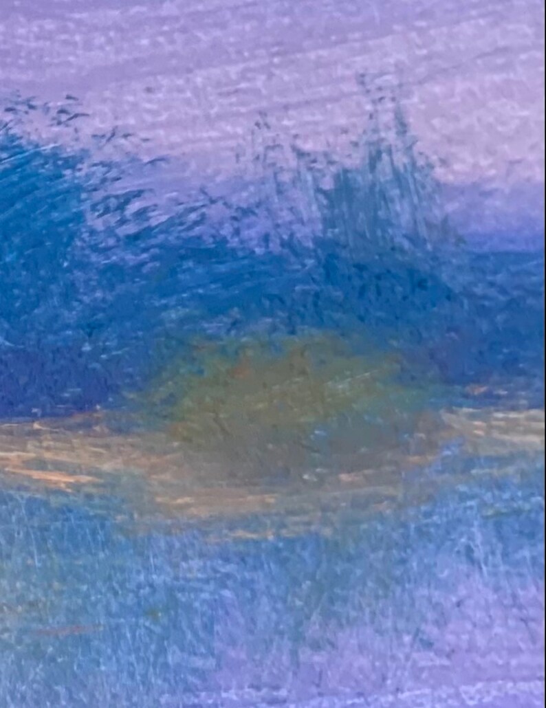 May include: A painting depicting a landscape with a blue sky and green grass. The sky is painted in a light blue hue and the grass is painted in a dark green shade. The painting is executed in a style reminiscent of impressionism.