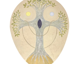 Tree of Life Painting: Vintage Surrealist Art, Sun & Moon - 40x50 inch
