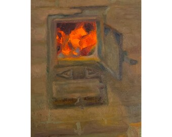 Fireplace Painting Hearth Art Cozy Artwork Original Painting 7x9 by MAVARTO