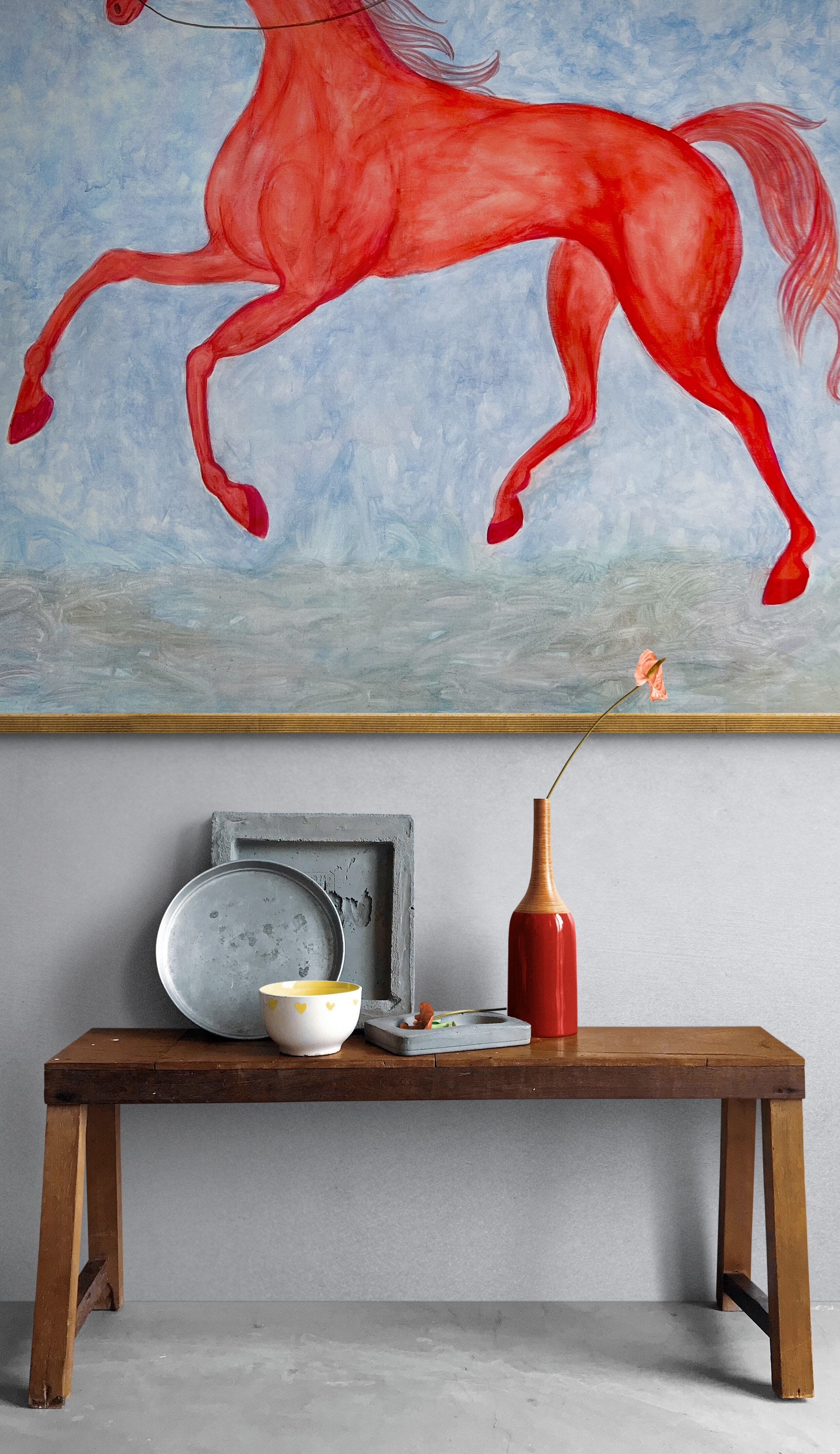 赤い馬の絵画：キャンバスに描かれたファンタジー動物アート