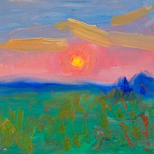 Original Sunset Oil Painting: Landscape Field Art, 7x5