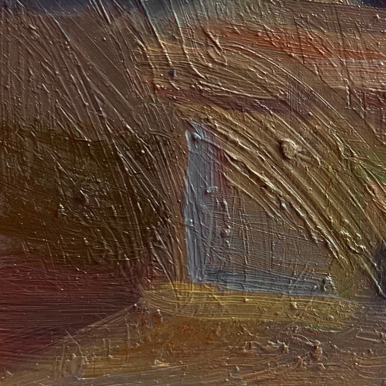 May include: Abstract painting with thick brushstrokes in shades of brown, gold, and gray. The painting has a textured surface and a geometric design.