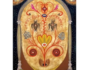 May include: An abstract painting featuring a central golden oval with a detailed, symmetrical design. The design includes stylized birds, floral elements, and an eye symbol. The background is a dark blue with scattered white dots, and the painting is framed by two columns.