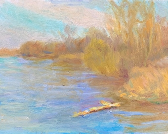 Pintura al óleo de River Spring: Paisaje impresionista (18x13 cm)