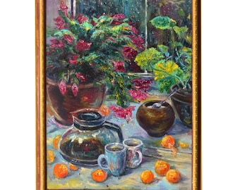 Original Still Life Oil Painting: Oranges, Tea, and Winter Flowers (32x24)