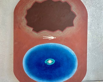 Surreal Lake Painting: Oval Tempera Art on Wood - Dreamy Nature Decor