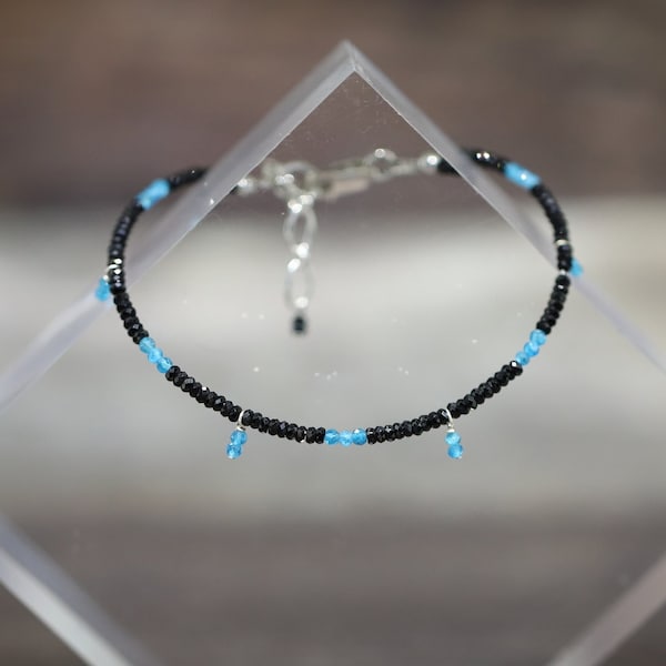 Blue APATITE & Black SPINEL 7”(17.78cm) gemstone crystal 2mm rondelle Bead Sterling Silver Bracelet (motivation, self-esteem, grounding)