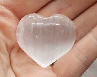 SELENITE (aka Gypsum) 1" HEART gemstone crystal hand carved pocket PALM stone (cleansing, move forward, clarity)