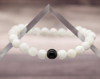 RAINBOW MOONSTONE with Black Tourmaline 7" gemstone crystal 8mm bead Stretch Distant BRACELET (life transitions, creativity, negativity)