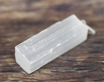 Selenite (aka Gypsum) 2" (5.08cm) raw rectangle gemstone crystal Pendant (cleansing, move forward, clarity)