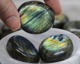 LABRADORITE 1.5” gemstone crystal tumbled polished pocket palm STONE (bring out warmth, introverts, intuition)