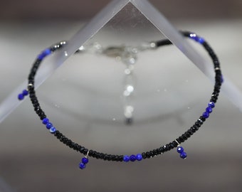 natural BLACK SPINEL with Lapis LAZULI 6.5-7” gemstone crystal 2mm rondelle Bead Sterling Silver Bracelet (serenity & clarity)