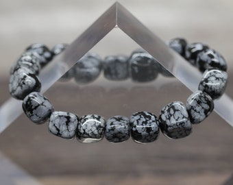 natural SNOWFLAKE OBSIDIAN 7" gemstone crystal 10-15mm rounded square nugget bead BRACELET (insight, serenity, & balance)