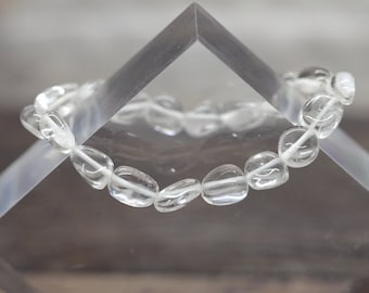 CLEAR QUARTZ (aka Rock Crystal) 7" (17.78cm) gemstone crystal 8-10mm Nugget Bead BRACELET (meditation, contemplation, negative thoughts)