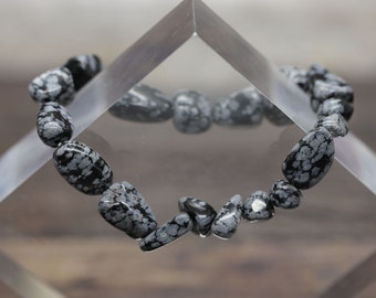 SNOWFLAKE OBSIDIAN 7" (17.78cm) gemstone crystal 8-10mm freeform nugget bead  stretch BRACELET (hope, stamina, enthusiasm)