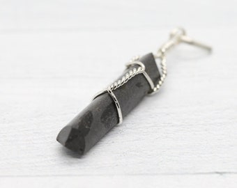 unpolished BLACK TOURMALINE (aka Schorl) 2” (5.08cm) gemstone crystal wire wrapped pointed PENDANT (protection, security, knowledge)