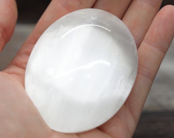SELENITE (aka Gypsum) 2.25" gemstone crystal hand carved OVAL  Palm STONE (cleansing, moving forward, clarity)